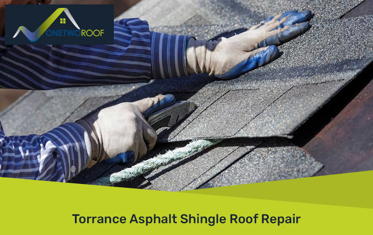 Worker repairing asphalt shingle roof to prevent leaks