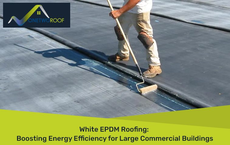 Crew member working on a roofing project with white EPDM material.