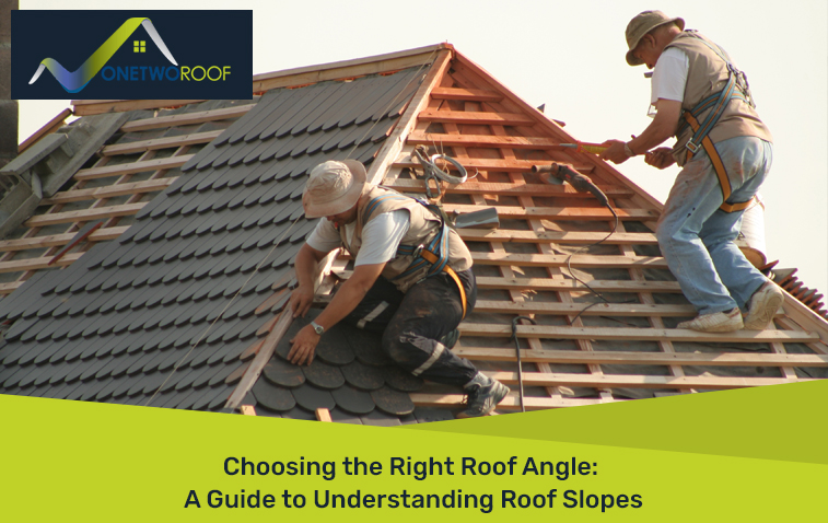 Workers installing a sloped roof on a residential building.